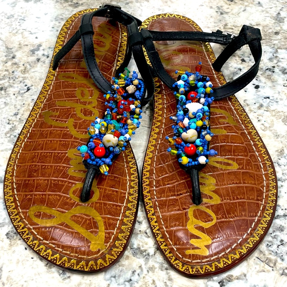 Sam Edelman brightly beaded black leather w buckle thong sandals. Sz8.5 …
